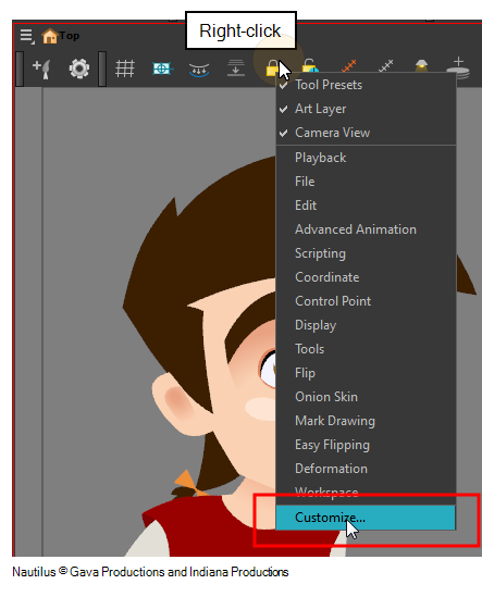 How to customize a toolbar in Toon Boom Harmony - Customize menu