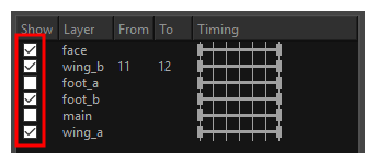 Checking or unchecking the Show option to enables or disables a layer