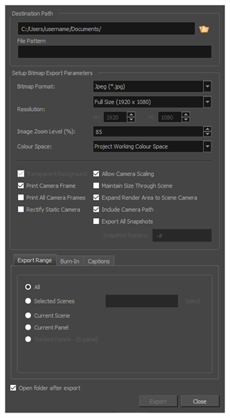 Bitmap For Box Storyboard Pro 22 Online Help: Export Bitmap Dialog Box