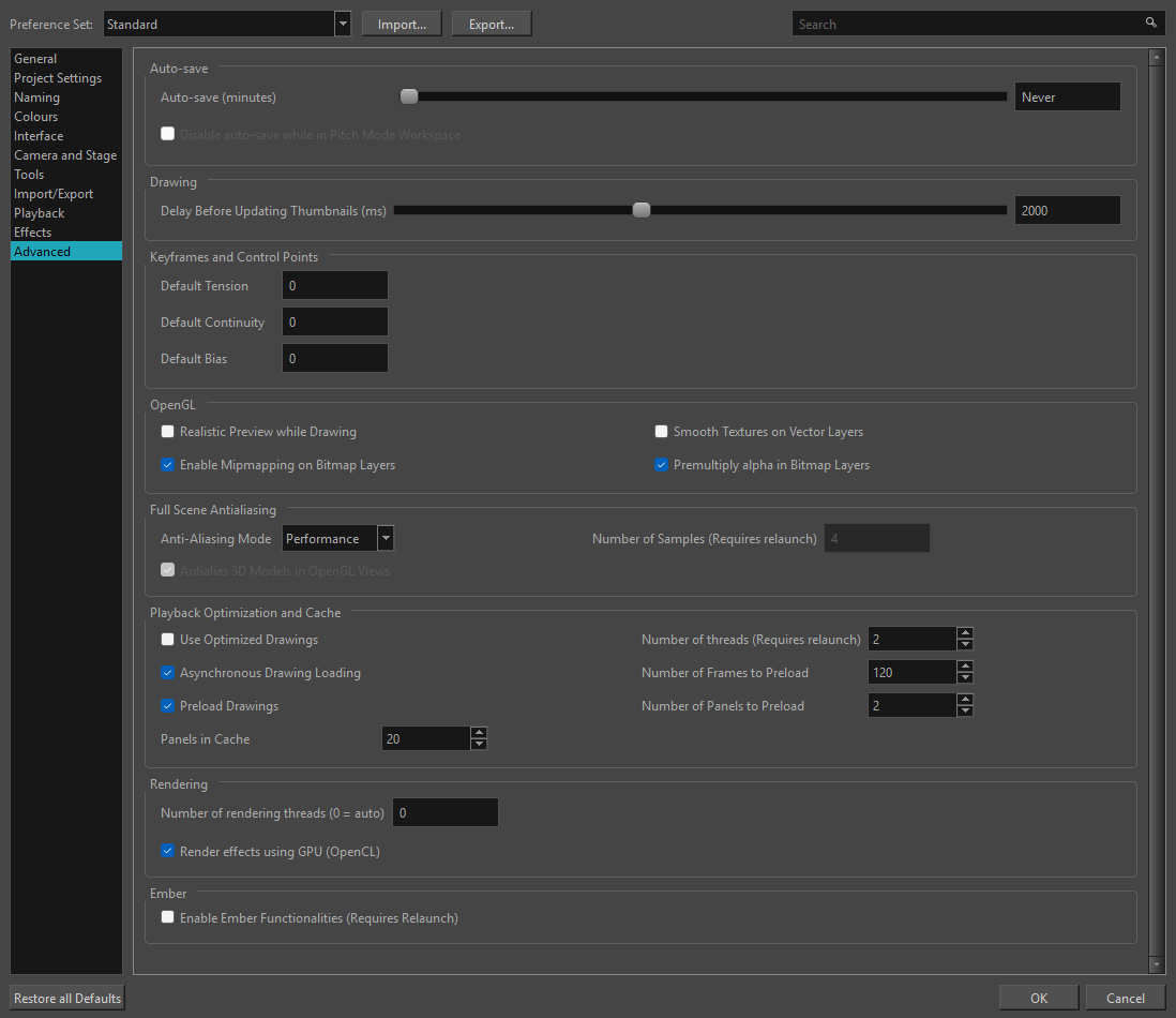 Storyboard Pro 25 Online Help: Advanced Preferences