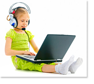 Little girl with headset, microphone and laptop - recording sound