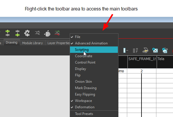 How to display the top toolbar menu in Toon Boom Harmony