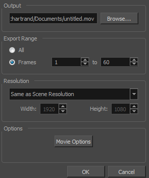 Harmony 14 Advanced Documentation: Export to QuickTime Movie Dialog Box