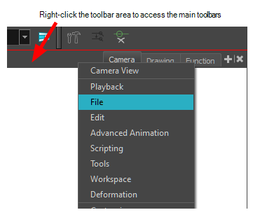 How to display the top toolbar menu in Toon Boom Harmony