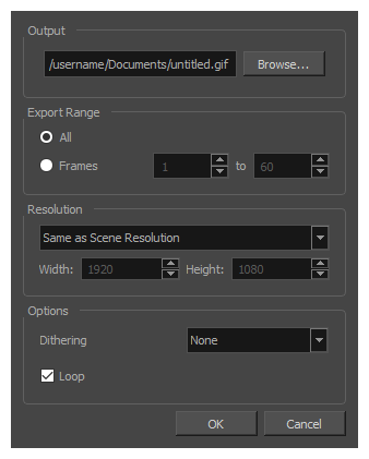 Harmony 22 Advanced Documentation: Export to Animated GIF Dialog Box