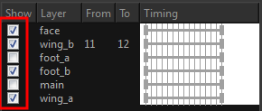 Checking or unchecking the Show option to enables or disables a layer