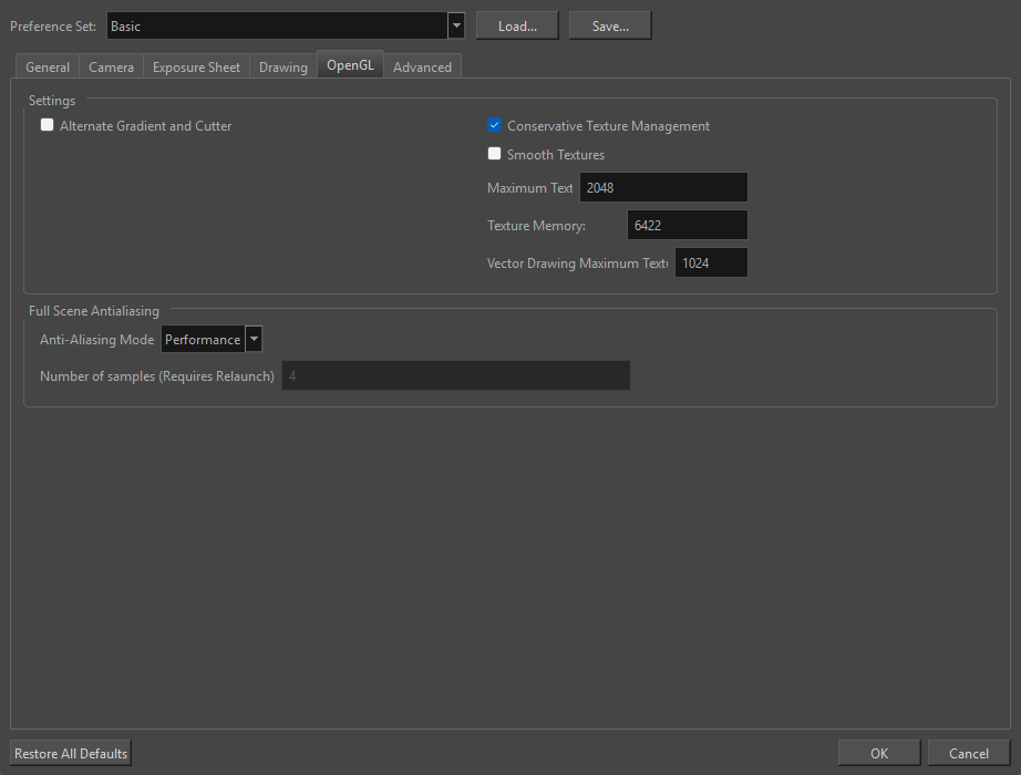 Harmony 25 Essentials Documentation: OpenGL Preferences