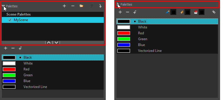 Harmony 25 Essentials Documentation: Showing and Hiding the Palette List