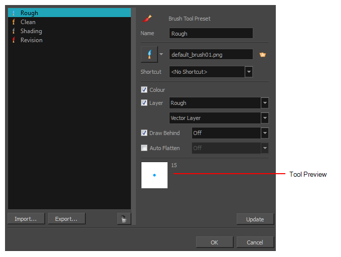 Storyboard Pro 25 Online Help: Manage Tool Presets Dialog Box